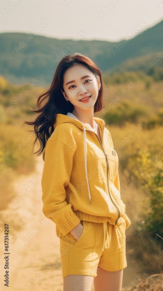 beautiful asian woman in yellow jacket standing on the mountain road, Generative AI beautiful asian woman in yellow jacket standing on the mountain road, Generative AI