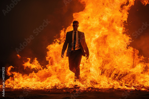 Man in suit walking away from fire Generative AI