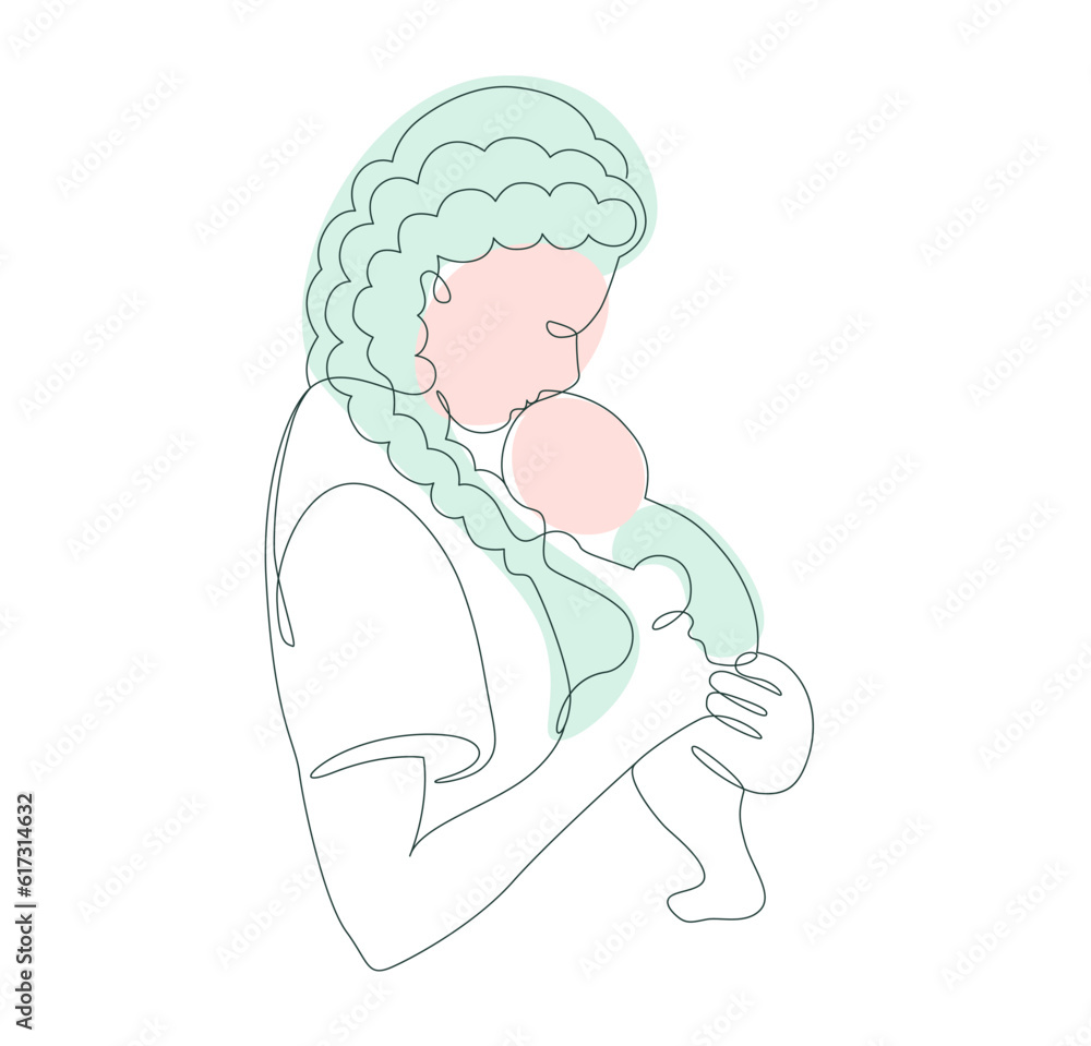 Breastfeeding Mother holding Baby in her arms side view. Woman Breast Feeding her newborn child vector illustration in Line Art style. Breastfeeding Mother holding Baby in her arms side view. Woman Breast Feeding her newborn child vector illustration in Line Art style.