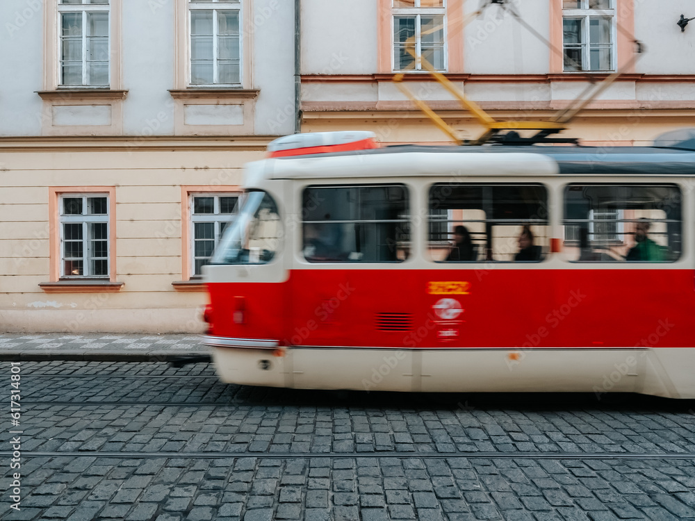 Old tram on the street of the old town in Prague.