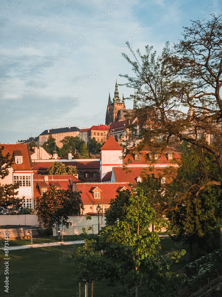 Obraz premium General view of Prague Castle. Beautiful Pražský hrad. Red roofs of an old European city