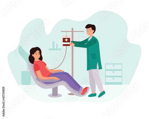 Cartoon girl gets blood transfusion in hospital. Social active youth. Volunteering organization members. Lifesaving impact of blood. Vector illustration