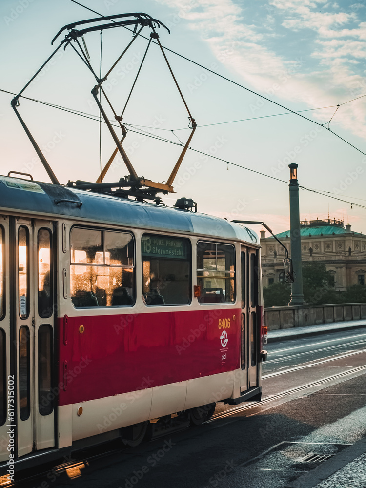 Old tram on the street of the old town in Prague.