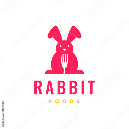 animal pets rabbit hare fork food mascot simple flat logo design vector