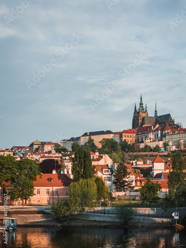 General view of Prague Castle. Beautiful Pražský hrad. Red roofs of an old European city