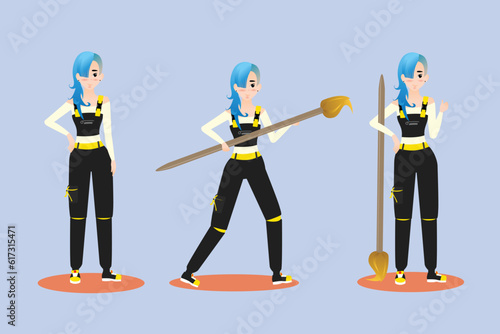 Cartoon girl builder shows different poses with brush in hands. Decoration of premises and apartment renovation. Process of making home repair. Redecorating house interior. Vector
