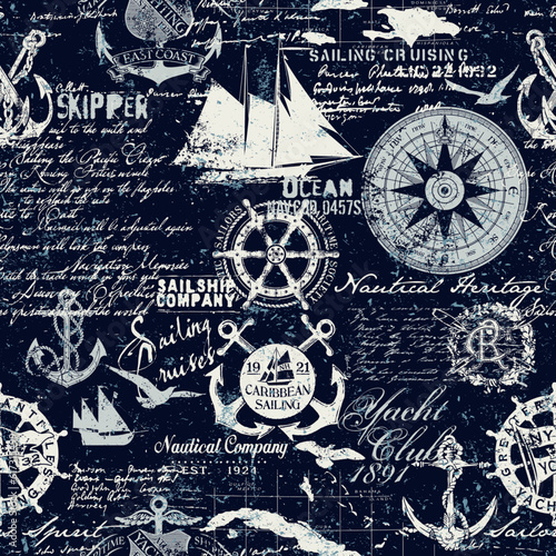 Caribbean sailing cruises nautical elements collage grunge marine wallpaper vector seamless pattern