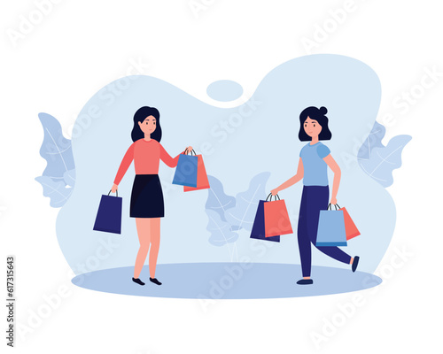 Cartoon girlfriends coming back from shopping. Making purchases from sale in fashion boutiques. Modern consumerism society. Vector flat style illustration