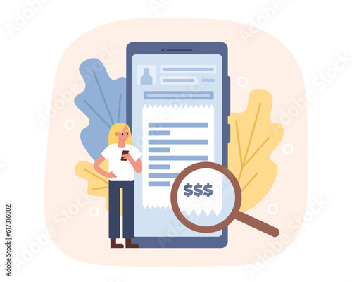Cartoon blonde girl looks at amount in mobile app. Modern banking services. Process of finance management. Replenishment of credit cards using smartphone. Vector