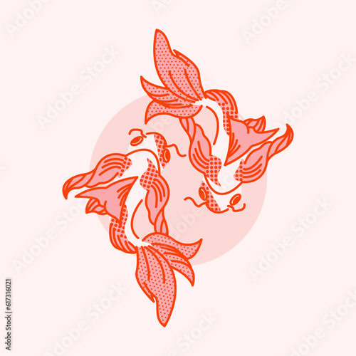 Stylish illustration with two koi carp. Vector print, design, postcard with fish.