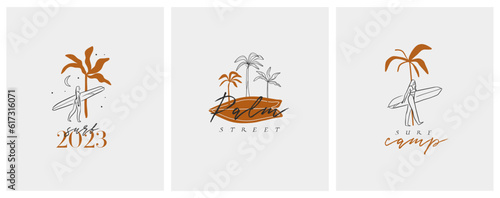Hand drawn vector abstract simple minimalistic line art graphic drawing tropical surfing icon sign collection set isolated. Summer palm beach modern design concept. Summer palm beach and surf logo.