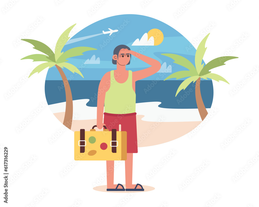 Cartoon tourist guy with suitcase looking out to sea in distance. People spending time discovering new places. Time for summer holidays. Vector flat style illustration