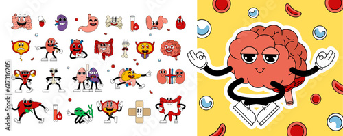 Big set of retro human organs in funny comic cartoon style, gloved hands. Contemporary illustration with cute comic human organs characters. Doodle comic characters. contemporary cartoon style.
