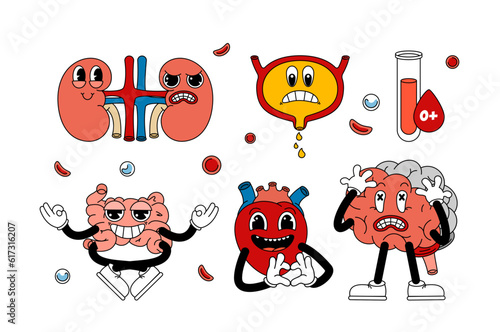 Set of retro human organs in funny comic cartoon style, gloved hands. Contemporary illustration with cute comic book characters. Doodle comic characters. contemporary cartoon style.