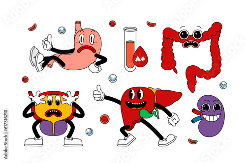 Set of retro human organs in funny comic cartoon style, gloved hands. Contemporary illustration with cute comic book characters. Doodle comic characters. contemporary cartoon style.