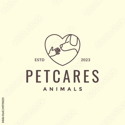 animal pets dog with hand care rescue love heart hipster simple logo design vector