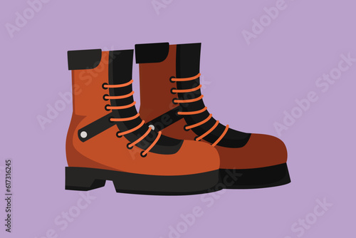 Graphic flat design drawing tourist hiking boots logo icon label. Trekking shoes symbol. Outdoor activity men footwear. Outdoor leather boots symbol. Adventure shoes. Cartoon style vector illustration