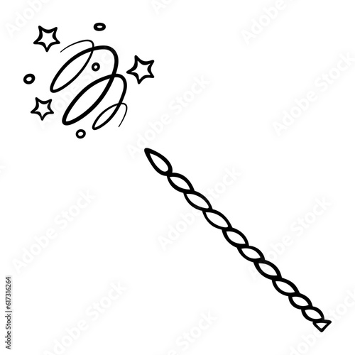 Witchcraft with a magic wand. Sketch. A twisted wand twisted in a spiral creates a swirling movement of fairy dust. Miracle tool. Vector illustration. Doodle style. Outline on isolated background. 