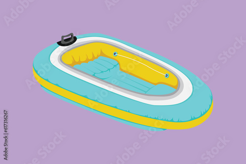 Graphic flat design drawing of inflatable boat. Rubber boat blowing by air. Enjoy equipment for relaxing, leisure summer time. Water sport kit. Lifeguard rescue tool. Cartoon style vector illustration