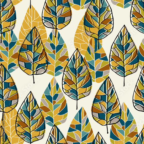 Scandinavian seamless doodle pattern with vintage leaves sketch.  For wrapping paper. Ideal for wallpaper, surface textures, textiles.