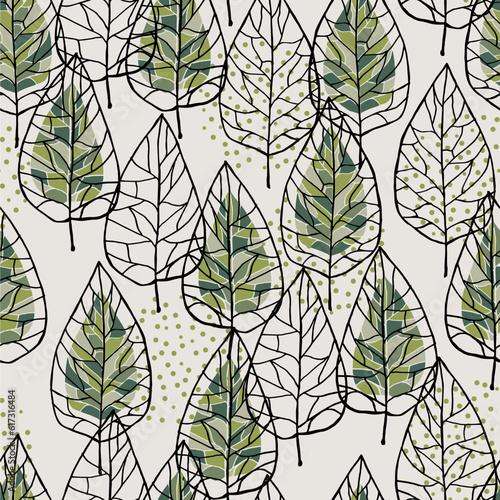 Scandinavian seamless doodle pattern with vintage leaves sketch.  For wrapping paper. Ideal for wallpaper, surface textures, textiles.