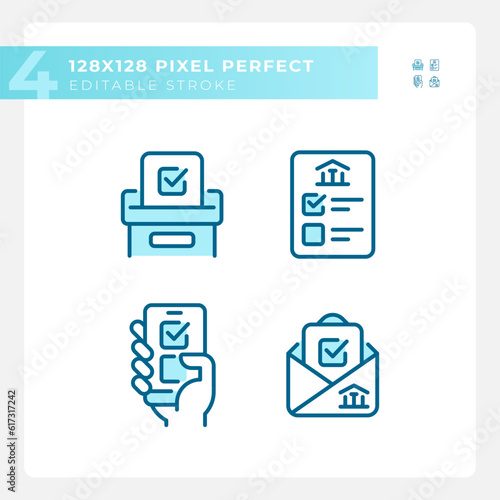 Pixel perfect icons set representing voting, isolated blue illustration, editable election signs.