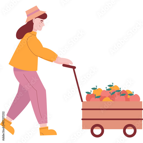 Woman farmer pushing wheelbarrow with fruit icon
