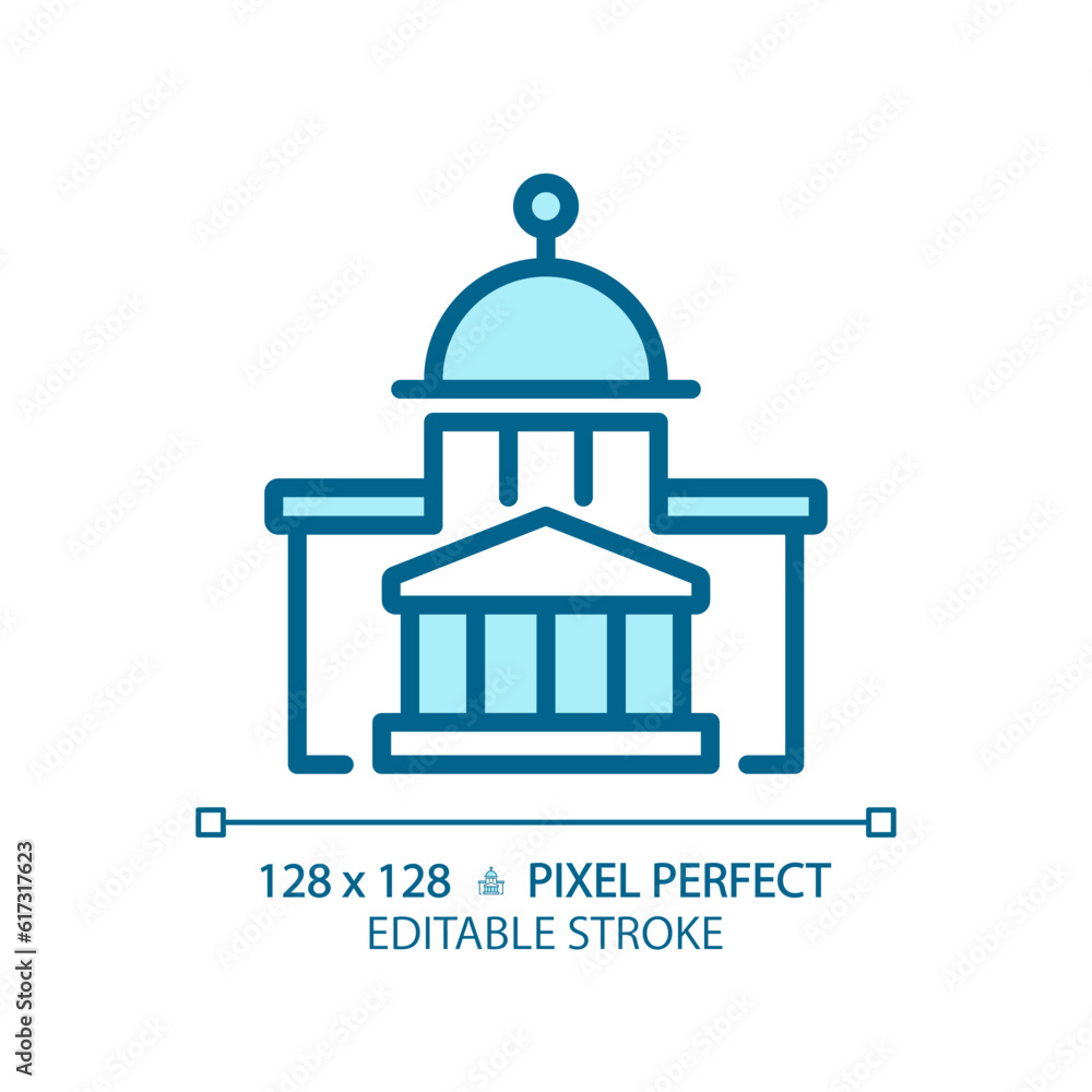 2D pixel perfect editable blue icon of government building, isolated vector illustration of city hall