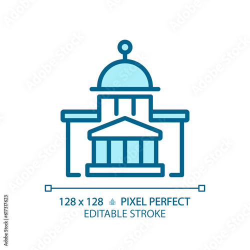 2D pixel perfect editable blue icon of government building, isolated vector illustration of city hall