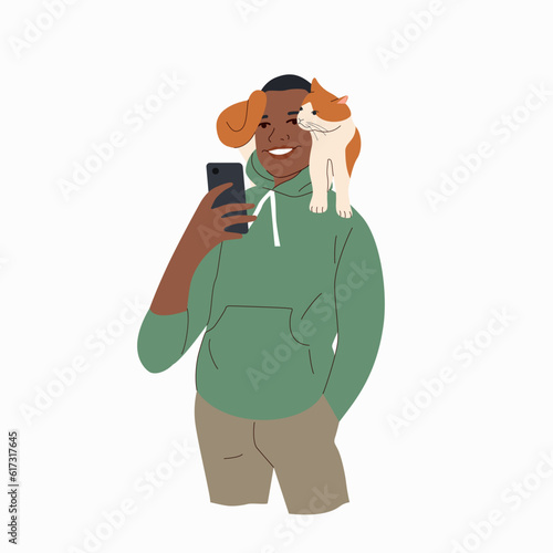 Young  black man holds and hugs the cat. Children puppies friendship. Vector flat style cartoon illustration