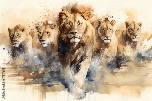 Watercolour abstract animal painting of a pride of  lions running fiercely across a river in the jungle of Africa which could be used as a poster or flyer, computer Generative AI stock illustration im