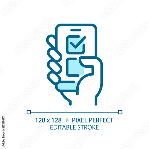 Pixel perfect blue icon of hand voting through smartphone, isolated editable vector representing online voting
