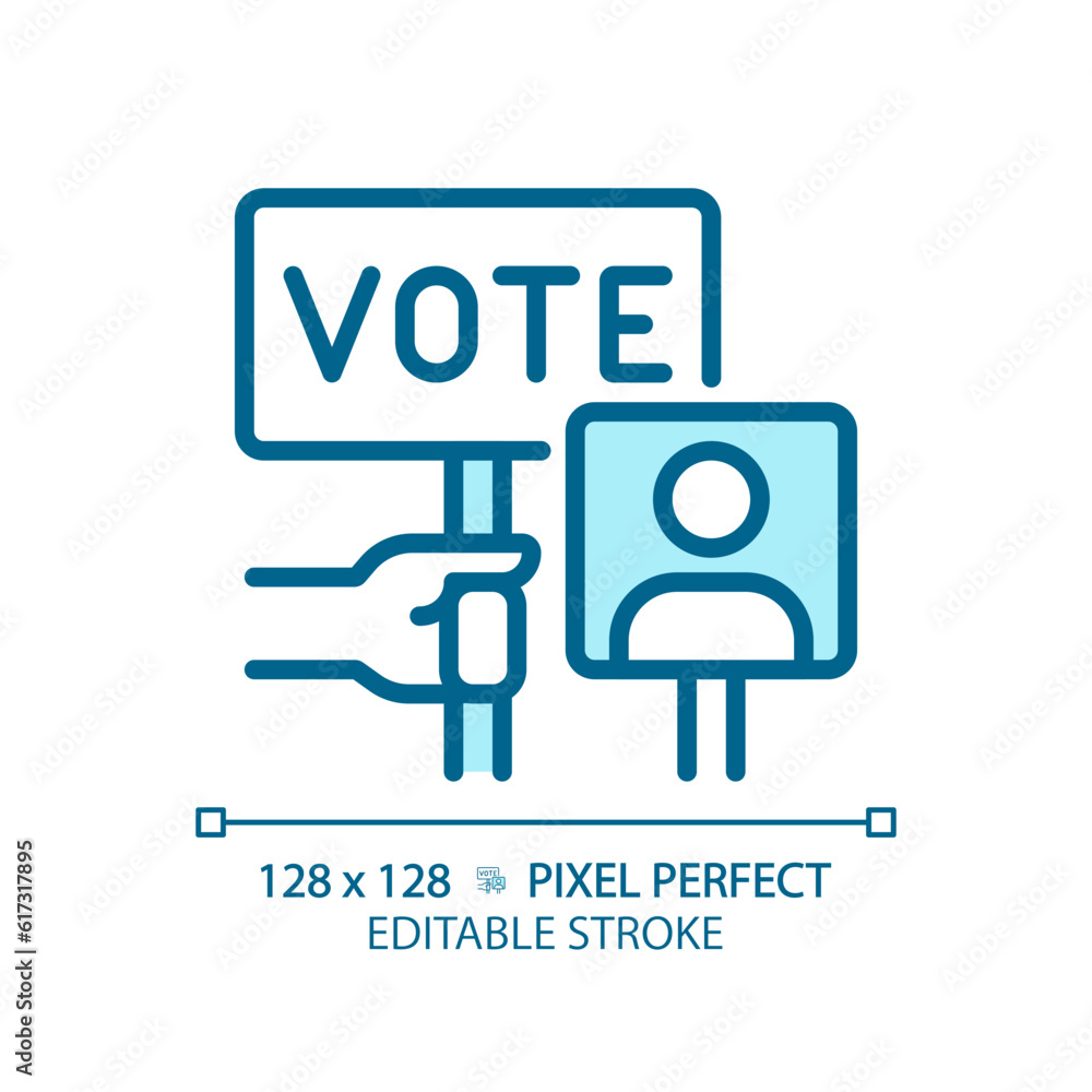 2D pixel perfect blue icon of hand holding vote sign, vector illustration representing voting, editable election symbol. 2D pixel perfect blue icon of hand holding vote sign, vector illustration representing voting, editable election symbol.