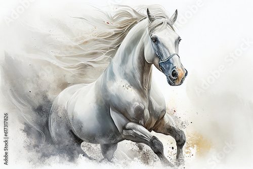 Fototapeta Watercolour abstract aquarelle animal painting of an isolated white horse runnin