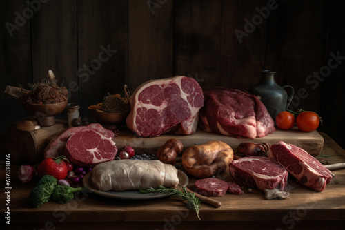 raw meat on wooden table