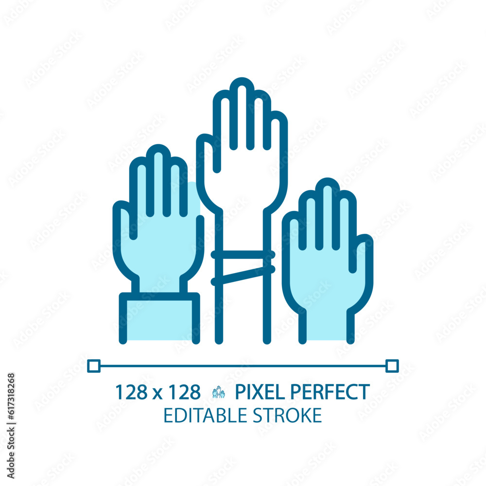 Pixel perfect blue icon of people with hands raised representing voting, isolated vector illustration, editable voters symbol. Pixel perfect blue icon of people with hands raised representing voting, isolated vector illustration, editable voters symbol.