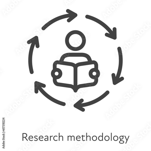 Outline style ui icons hard skill collection. Education and science. Vector black linear icon illustration. Research methodology man read book in arrow circle symbol isolated on white background.