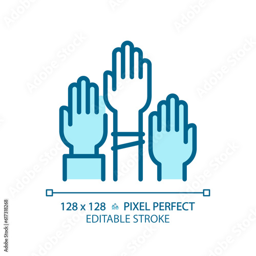 Pixel perfect blue icon of people with hands raised representing voting, isolated vector illustration, editable voters symbol.