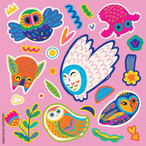 Sticker set of cute bright owls and small nature elements. Vector illustration