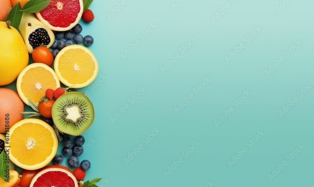 Various Fruit Advertising Background, Healthy fruits Rich in Vitamins. Generative Ai