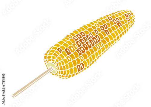 割り箸付き焼きとうもろこしのイラスト（版画風）