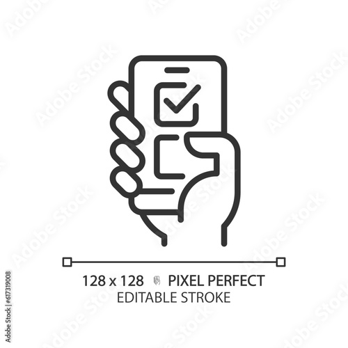 Pixel perfect thin line icon of hand voting through smartphone, isolated editable vector representing online voting.