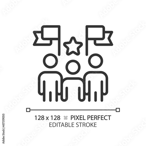 Pixel perfect thin line icon representing election candidates with banner, isolated vector illustration of voting, editable sign.