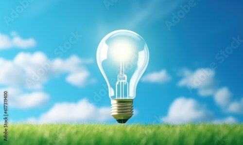 Eco friendly lightbulb on green grass blue sky background, Renewable and sustainable energy. Generative AI