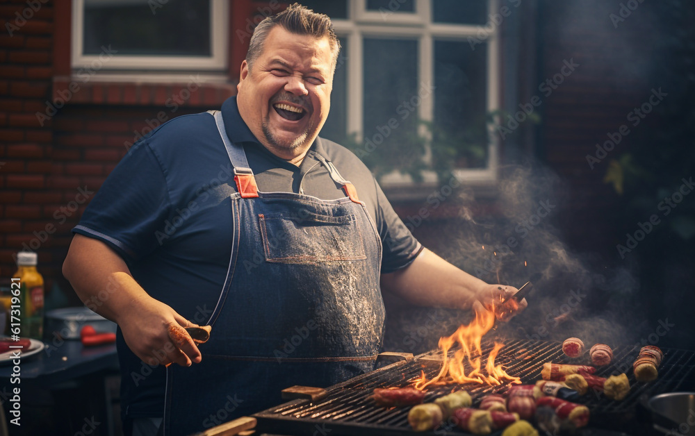 A man busy at the barbecue on a day of celebration. Chubby and joyful A man busy at the barbecue on a day of celebration. Chubby and joyful