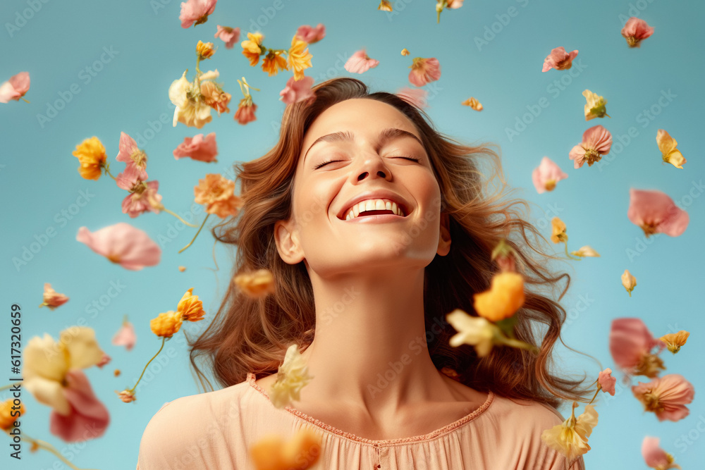 Happy Woman in Flowers. Young Beautiful Girl with Emotionally Flowing Hair, Beaming Smile, and Petals on Plain Background - Spring Bliss and Positive Mood, Joyful Inspiration for the Soul Happy Woman in Flowers. Young Beautiful Girl with Emotionally Flowing Hair, Beaming Smile, and Petals on Plain Background - Spring Bliss and Positive Mood, Joyful Inspiration for the Soul