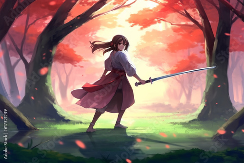 Generative AI. anime style background of a woman practicing sword