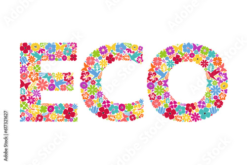 Ecological logo ECO. Floral symbols forming a word ECO. Floral ornament in the form of a letters.