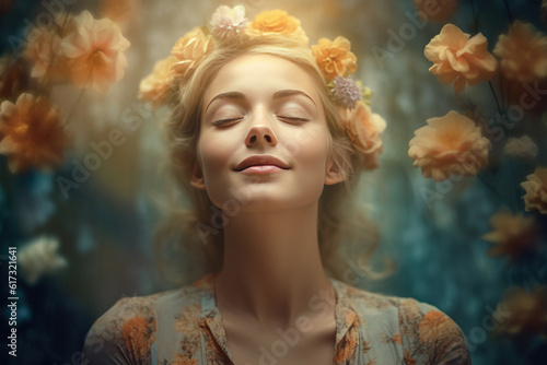 Happy Woman in Flowers. Young Beautiful Girl with Emotionally Flowing Hair, Beaming Smile, and Petals on Plain Background - Spring Bliss and Positive Mood, Joyful Inspiration for the Soul