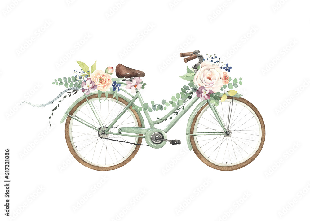Bicycle with floral decoration of delicate roses, small colored flowers and green eucalyptus branches, watercolor isolated print for romantic message, wedding invitation, symbol healthy life style.
